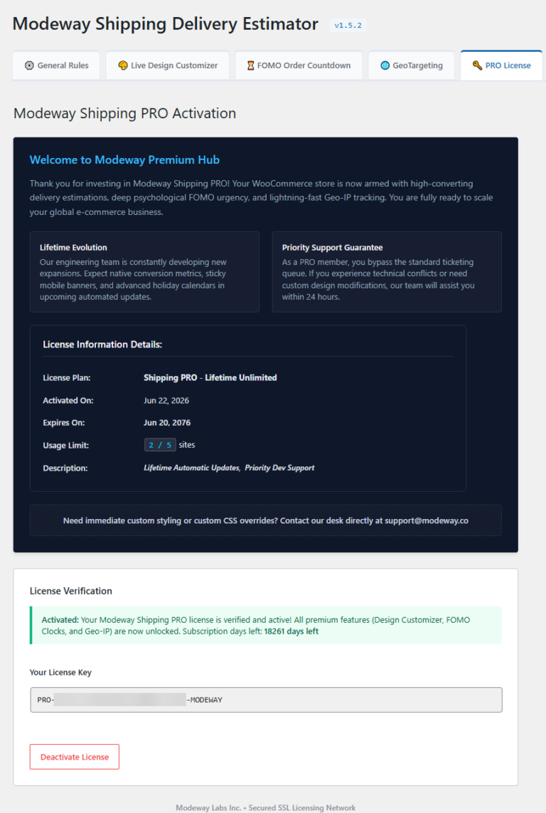 The Elite VIP Client Hub control module displaying a verified license code field.