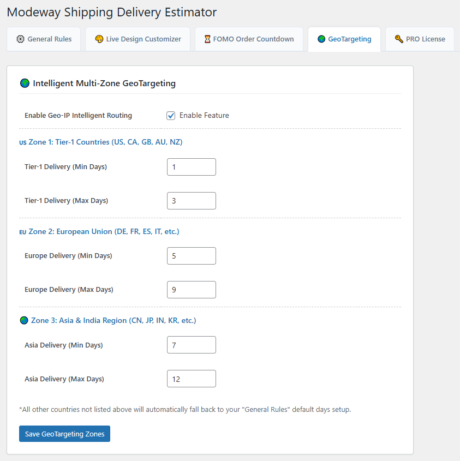 The Multi-Zone GeoTargeting setup screen displaying multi-select country selectors and custom notice templates.